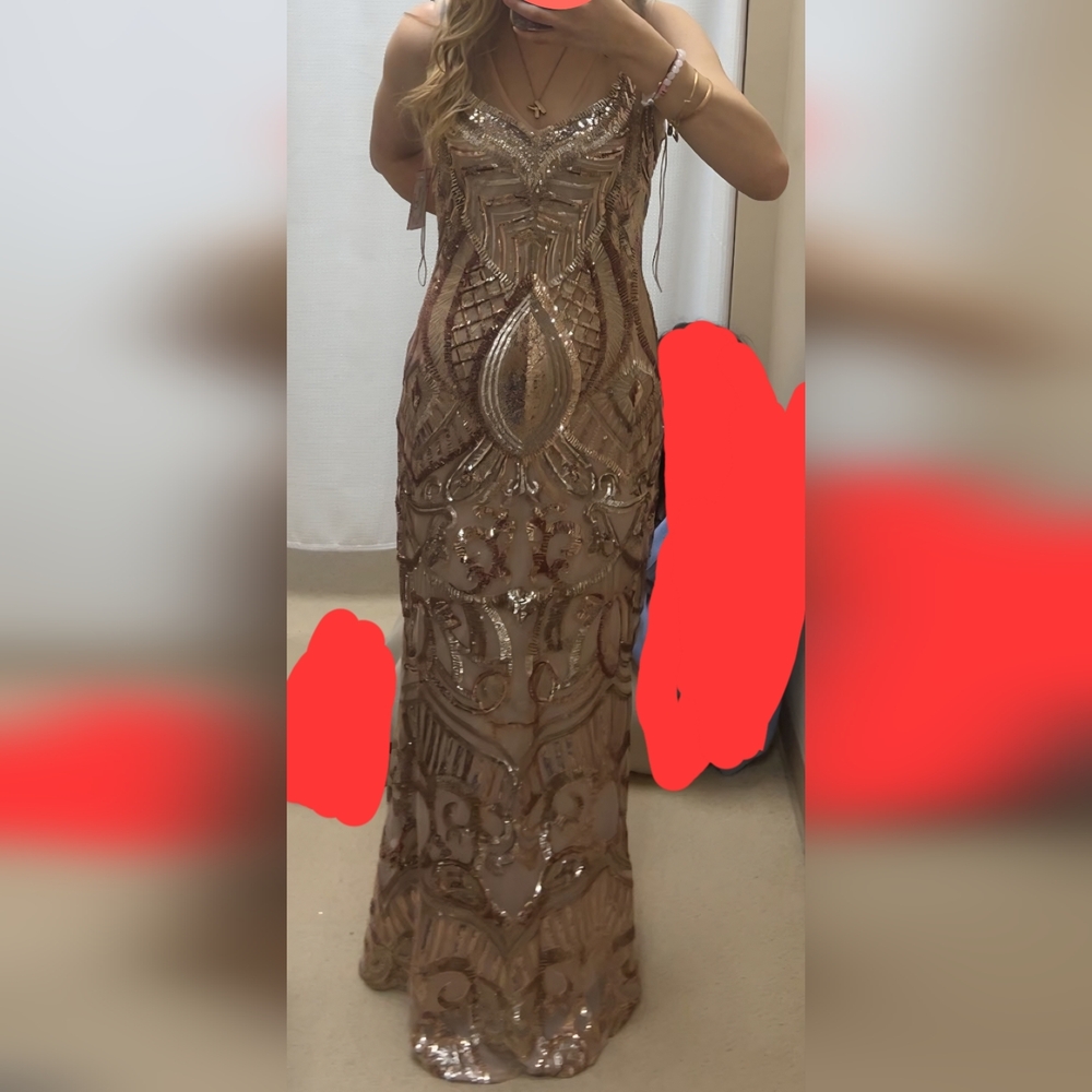 Adrianna Papell Rose Gold Sequin Beaded Maxi Gown